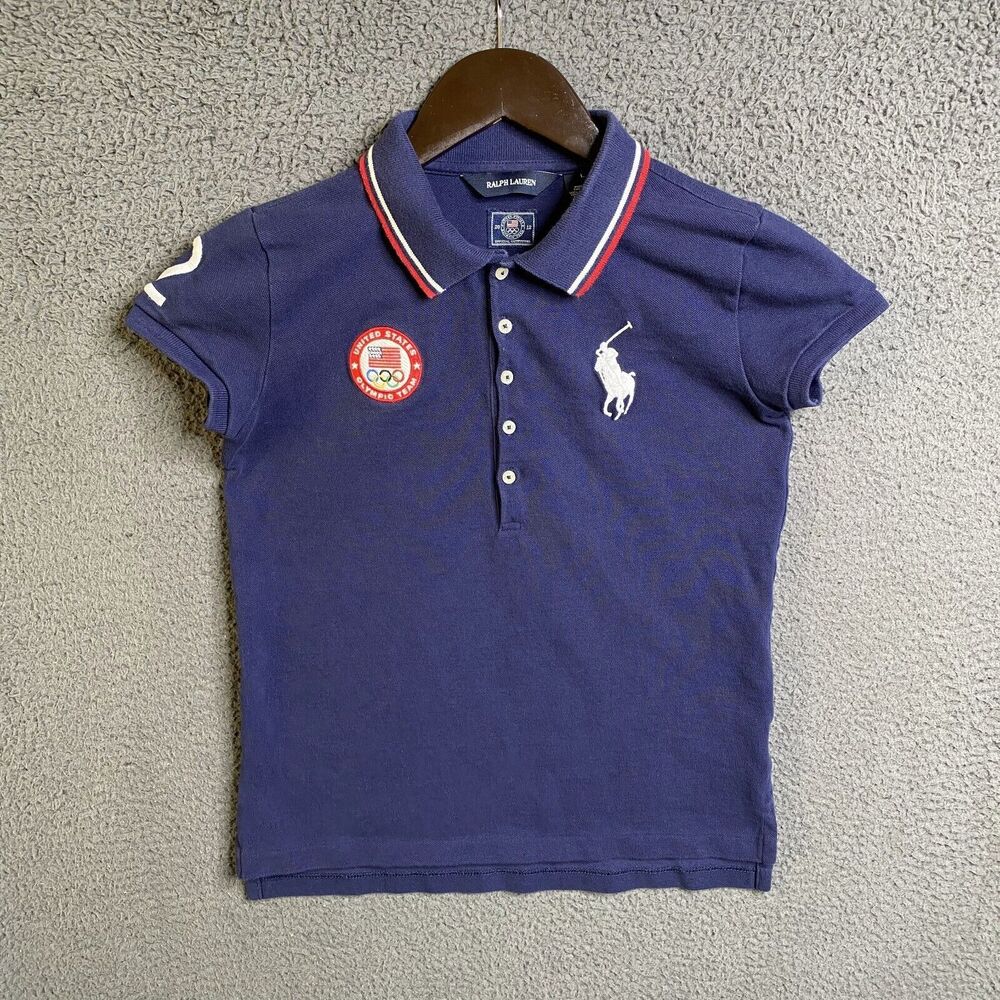 Ralph Lauren Polo Shirt Women Large Navy Cotton USA Olympics Team 2012 London